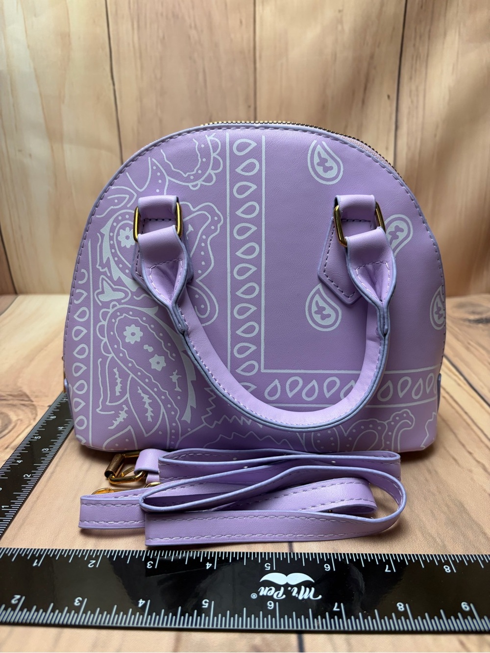 Lavender & White Bandana Print Dome Satchel with Crossbody Strap